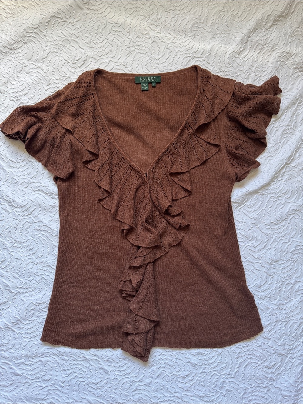 Lauren Ralph Lauren Chocolate Brown Ruffle V-Neck Knit Top